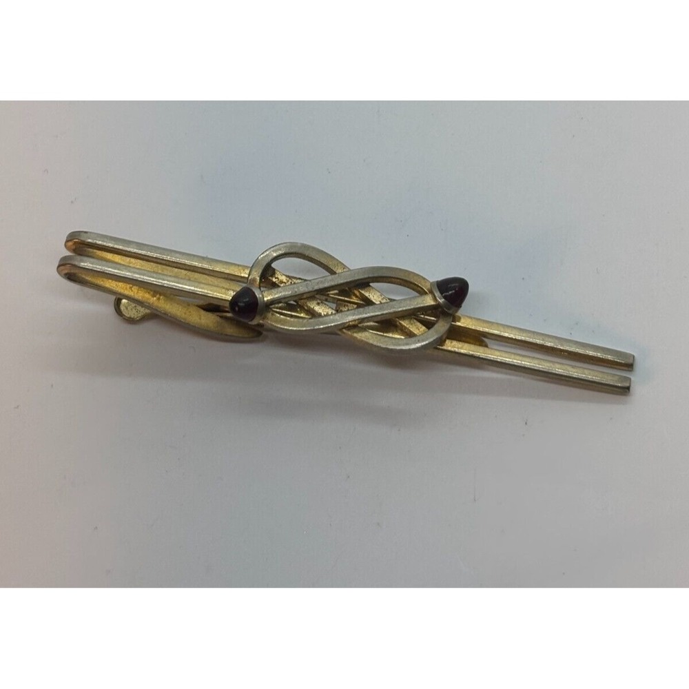 Vintage Tie Bar Gold Tone Intricate Knot Detail Red Stones Hickok